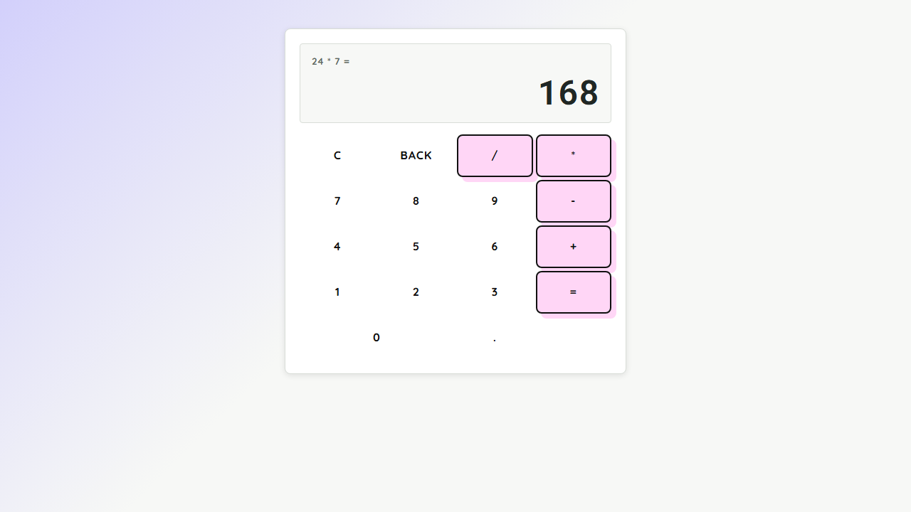 Calculator tool preview showing a keypad and the result of 24 times 7