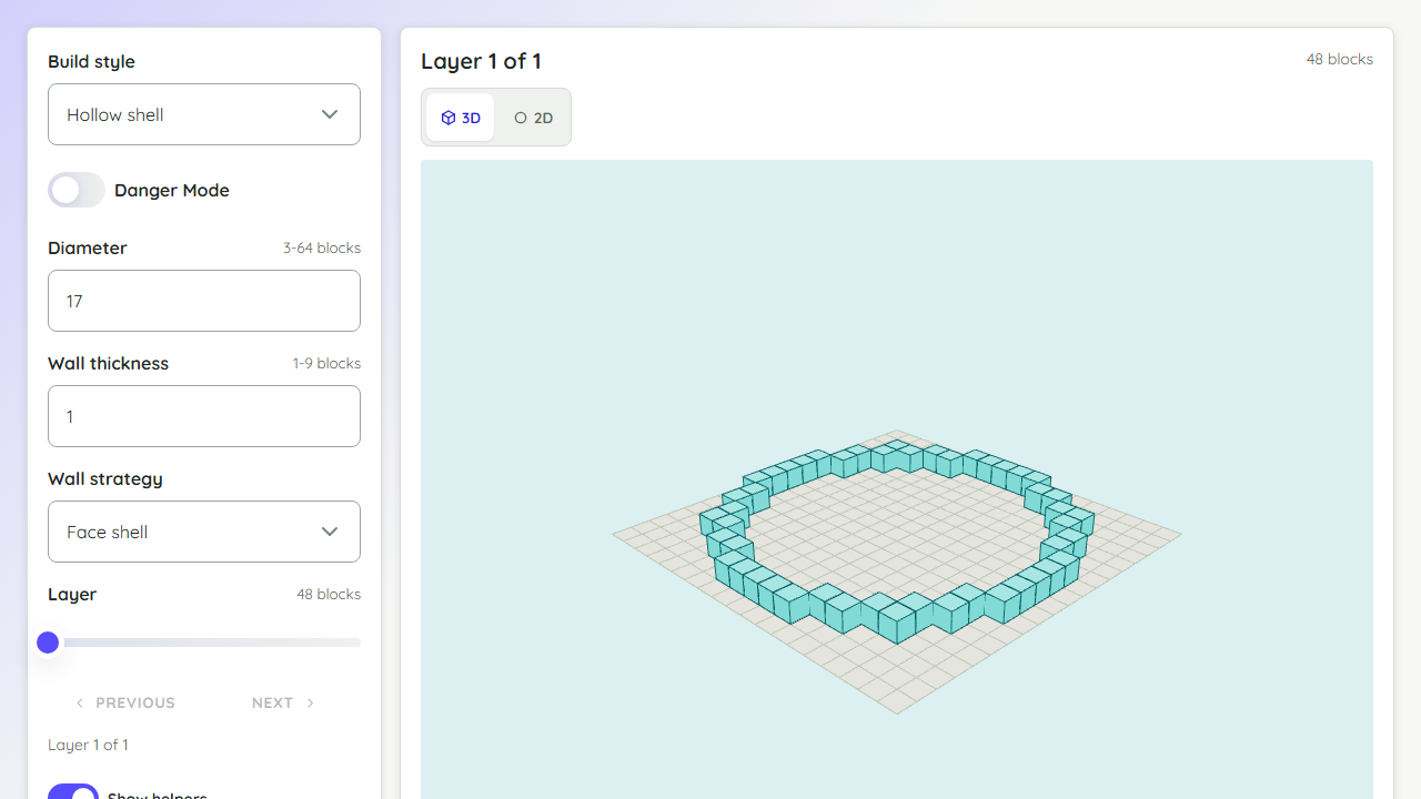 Minecraft circle generator preview showing diameter controls and a 3D pixel circle layer