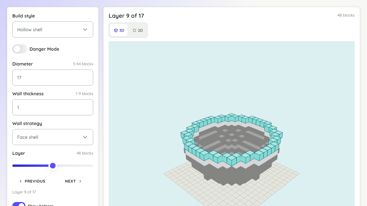 Minecraft shape generator preview showing layer controls and a 3D block shape render