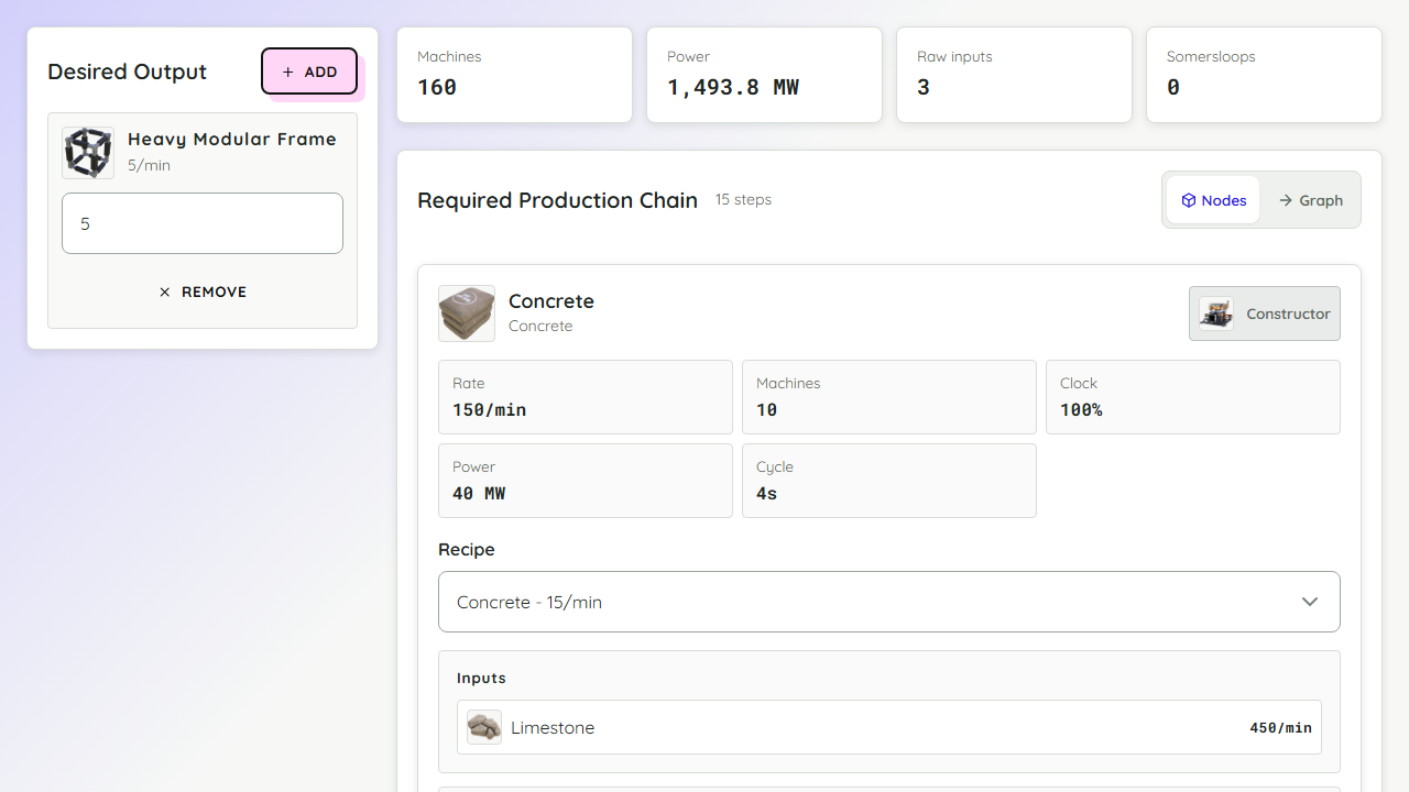 Satisfactory production chain calculator preview showing desired outputs, machine counts, and recipe steps